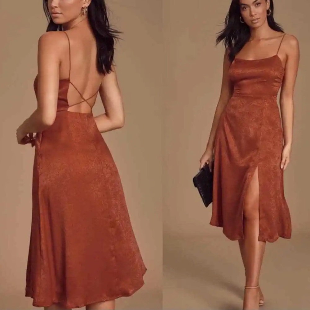 Lulu’s Maribel Midi Dress Satin Effect Open Back Size Large in Rust Orange NWT - Picture 1 of 13